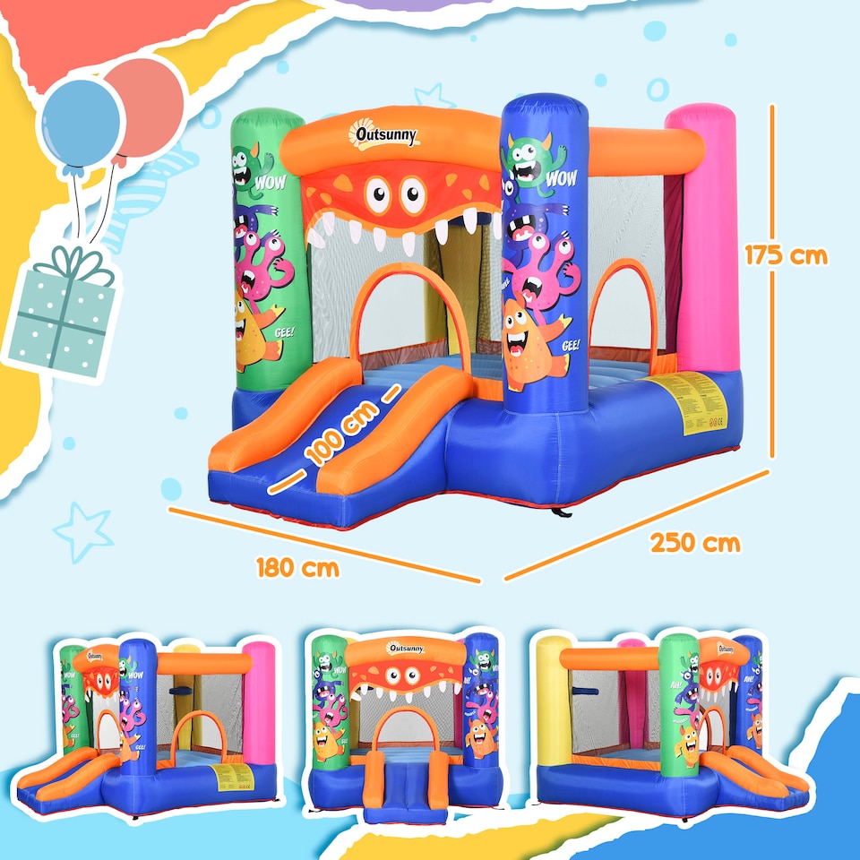 image 1 of Outsunny Bouncy Castle with Slide Basket Trampoline Monster Design 2.5x1.8x1.75m