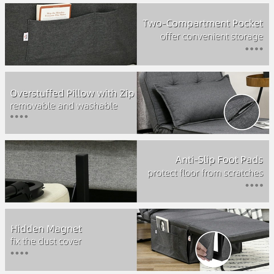 image 1 of HOMCOM Convertible Sleeper Chair with Pillow and Side Pockets, Charcoal Grey