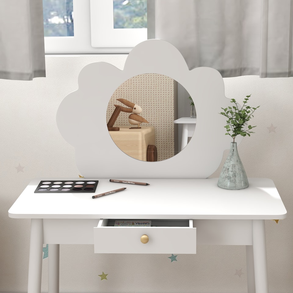 image 1 of AIYAPLAY Kids Dressing Table with Mirror, Stool, Drawer, Cloud Design, White | White