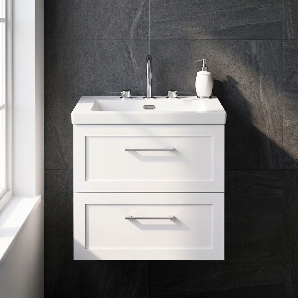 image 1 of Balterley Stonnall Traditional Wall Hung 2 Drawers Vanity Unit with 3 Tap Hole Fireclay Basin, 600mm, Matt White