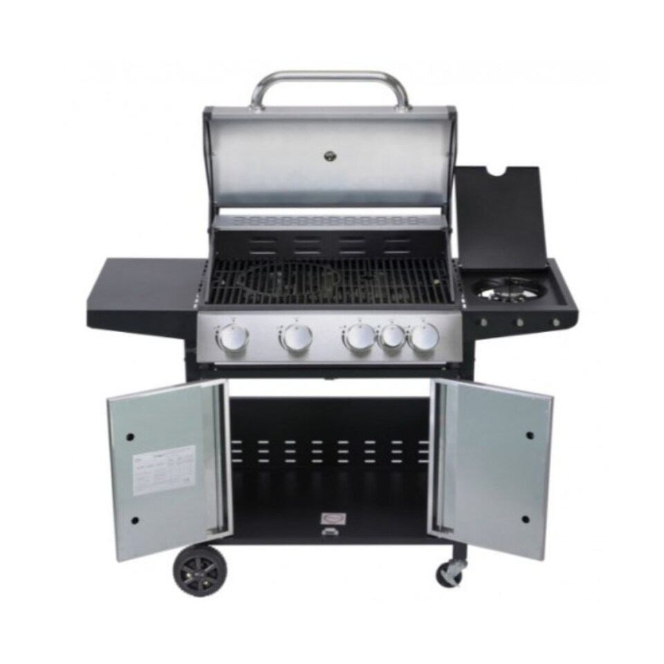 image 1 of 4 + 1 Burner Gas BBQ with Built-in Side Burner, Thermometer & Folding Shelves