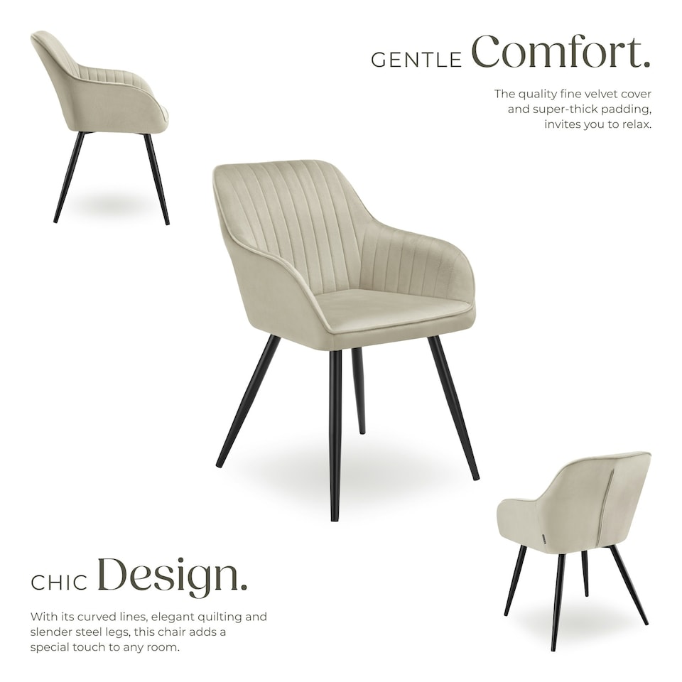 image 1 of Chair Marilyn - velvet look, quilted, continuous backrest, slim steel legs - Set of 2 Cream | Cream/Black