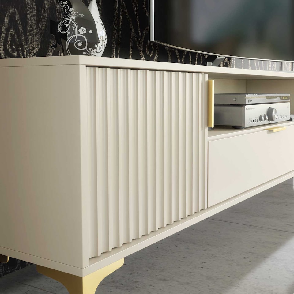 image 1 of TV Stand TV Unit Cabinet Sideboard Media Cabinet Cashmere Fluted Gold Legs 200cm