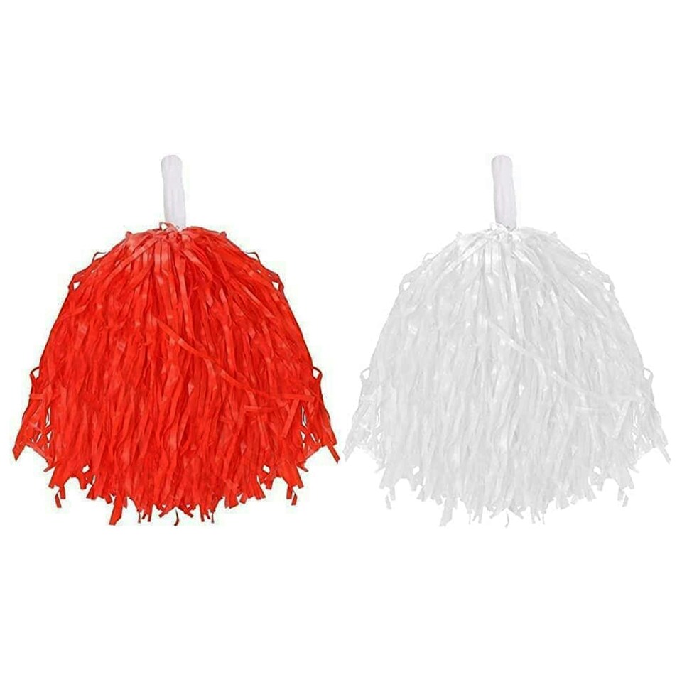 image 1 of White and Red Pom Poms – Pair with Handle Cheerleader Shakers 80g Fancy Dress N/A | One Size
