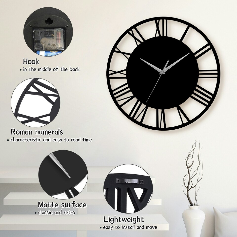 image 1 of Living and Home Silent Round Wood Wall Clock Roman Numeral - Black | Black