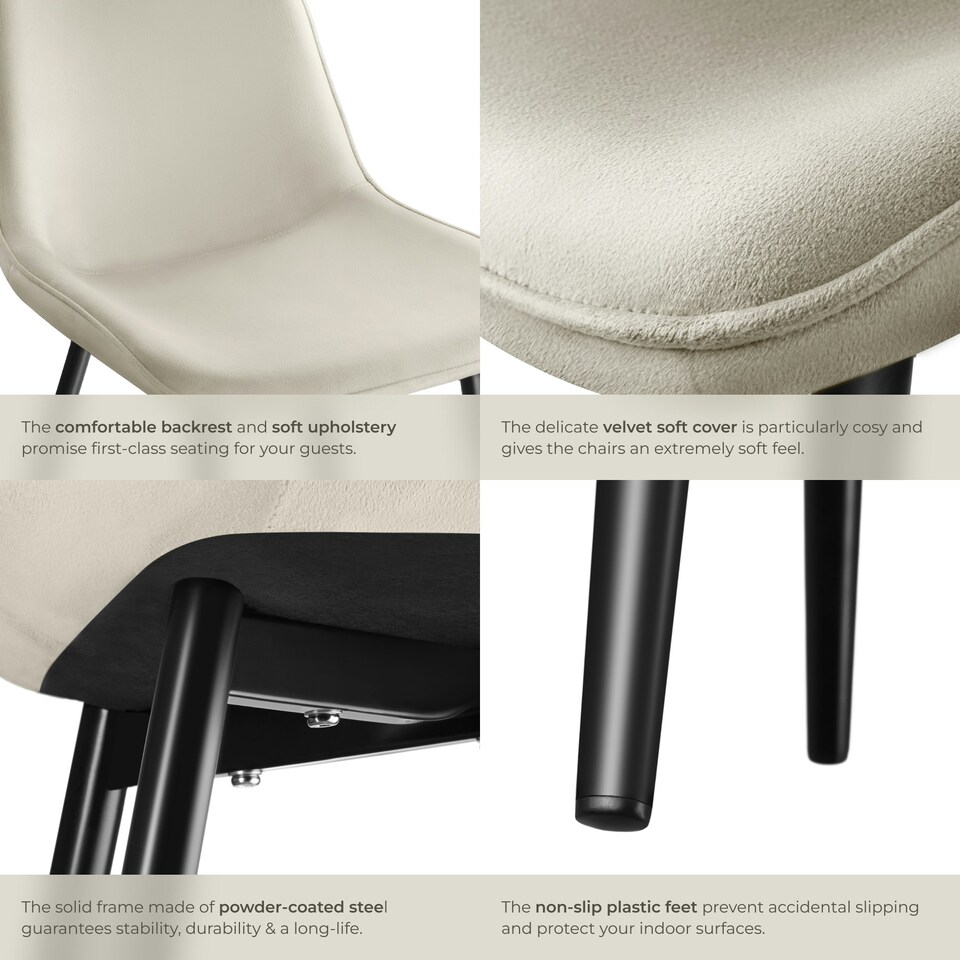 image 1 of Dining Chair Monroe - padded, velvet look, ergonomic seat, black steel legs - Set of 4 Cream