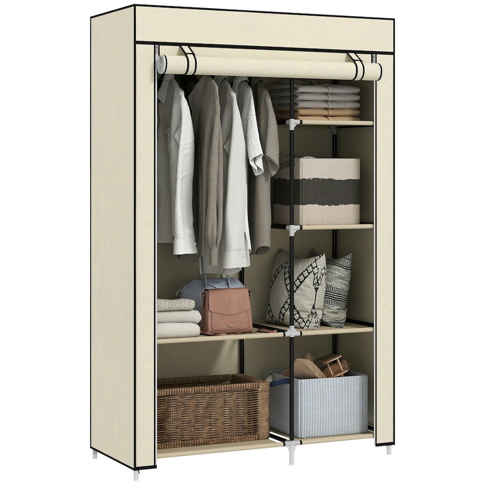 image 1 of HOMCOM Fabric Wardrobe w/ Shelves Hanging Rail Foldable Closets Cream Cream