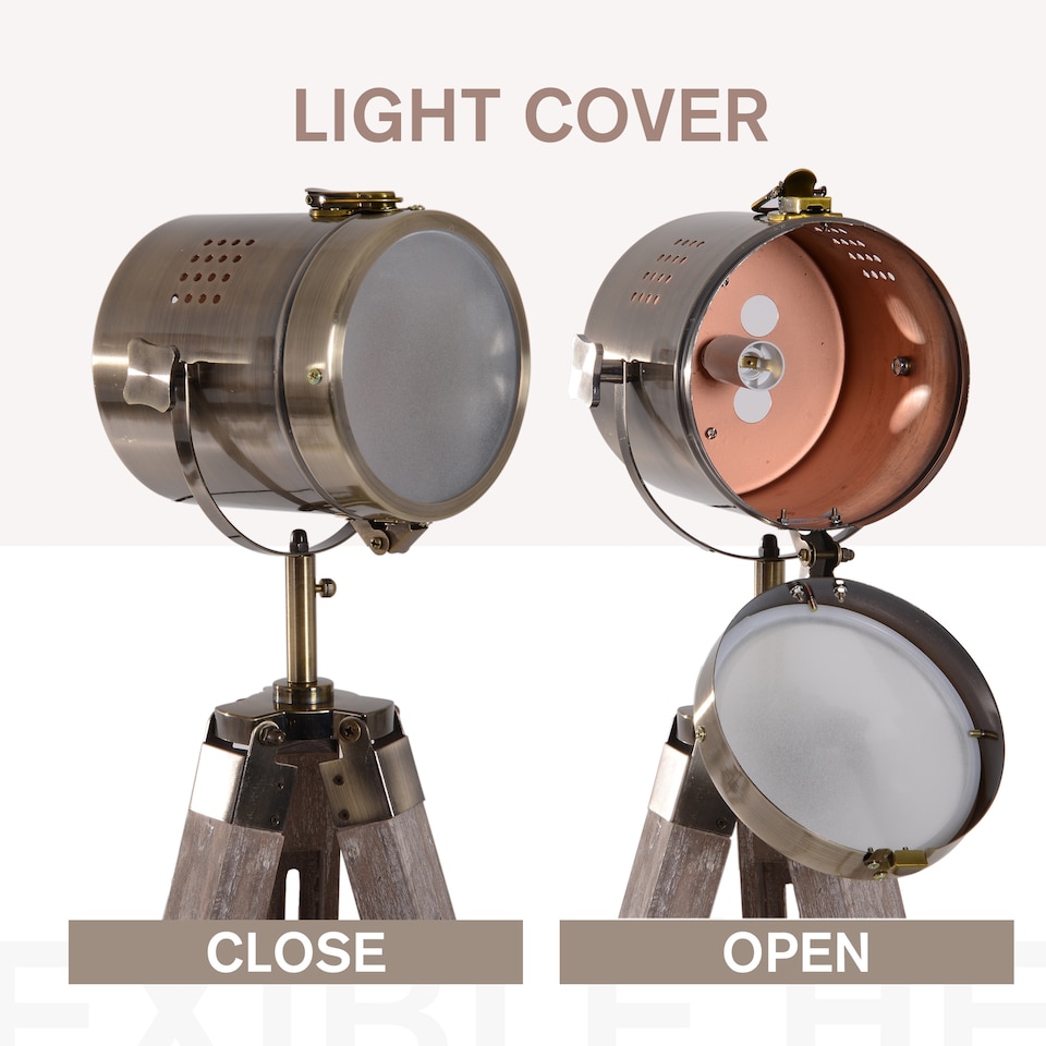 image 1 of HOMCOM Industrial Tripod Floor Lamp Wood Height Adjustable Spotlight Bronze