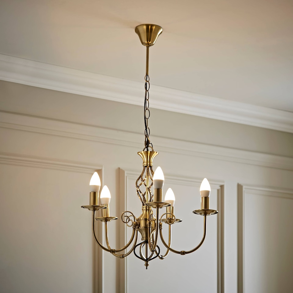 image 1 of ValueLights Memphis Antique Brass 5 Way Chandelier & Bulbs | Gold