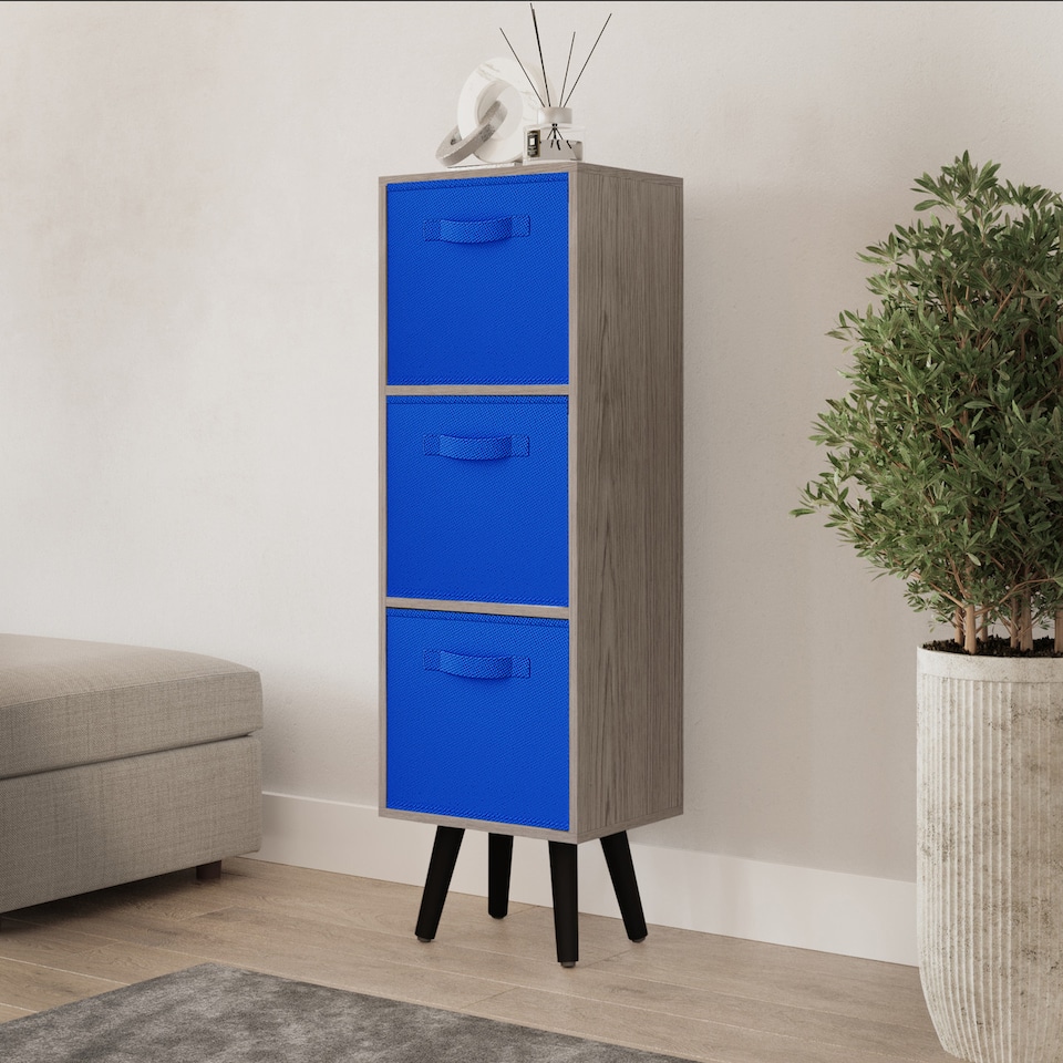 image 1 of Cedar Grey 3-Tier 3-Drawer Cube Shelving Unit with Scandinavian Legs | Blue | Dark Blue & Black | 1