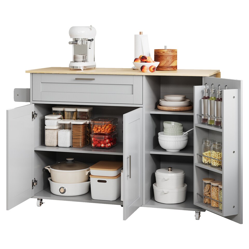 image 1 of VILUXE Mobile Kitchen Island with Foldable Worktop, Drawer, Adjustable Cabinets, 3 Door Spice Racks, Towel Rail and 5 Wheels, Grey