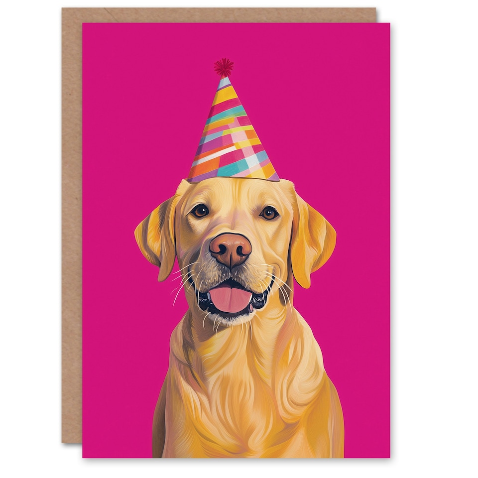 image 1 of Birthday Card Yellow Labrador Retriever Dog Party Hat Hot Pink
