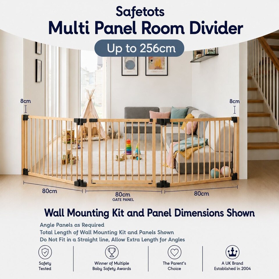 image 1 of Safetots Wooden Multi Panel Room Divider, up to 256cm, Natural Wood, 76cm Tall, Flexible Room Divider for Baby and Toddler | Cream | Natural