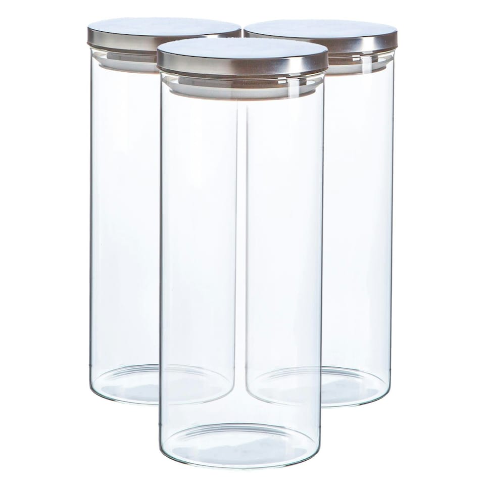 image 1 of Argon Tableware Glass Storage Jars with Metal Lids - 1.5 Litre - Silver - Pack of 3