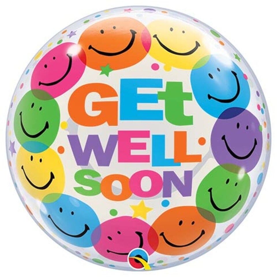 image 1 of Get Well Soon Colourful Smiling Faces Transparent Bubble Helium Qualatex Balloon 56cm / 22 in