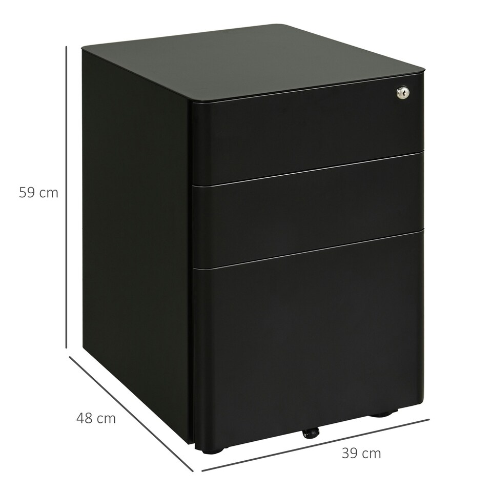 image 1 of Vinsetto 3 Drawer Metal Filing Cabinet Lockable 5 Wheels Under Desk Black