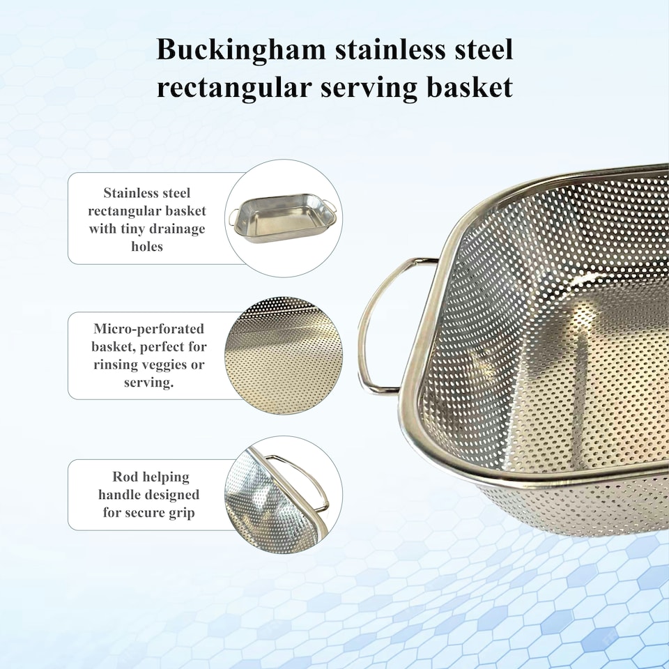 image 1 of Buckingham Stainless Steel Micro Perforated Rectangular Serving Basket Colander Dish , 37.5 cm