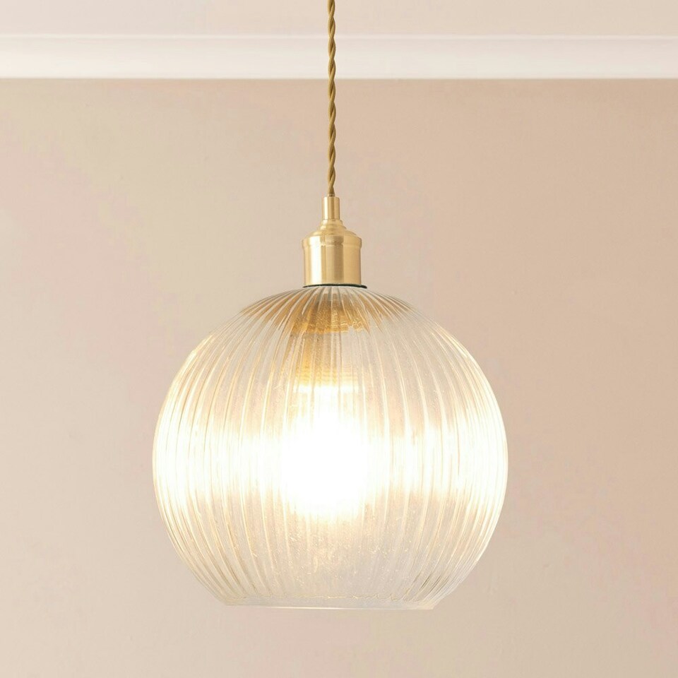 image 1 of ValueLights Maddison Clear Ribbed Glass Globe Easy Fit Pendant Lamp Shade with LED Bulb Multi