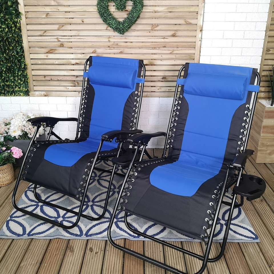 image 1 of Set of 2 Luxury Padded Multi Position Zero Gravity Garden Relaxer Chair Lounger in Blue & Black