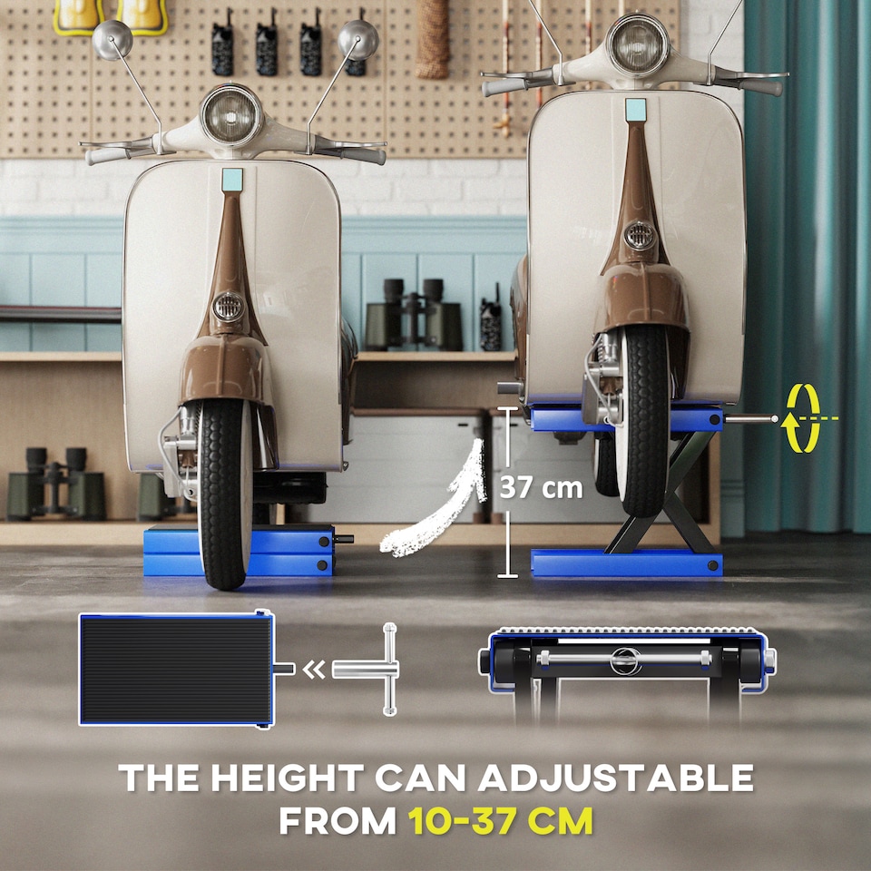 image 1 of DURHAND 500KG Motorcycle Lift Scissor Jack, Height Adjustable Motorbike Stand with Anti-Slip Wide Deck, Heavy Duty Steel Motorbike Repair Lift Hoist Stand for Home Garage, Blue