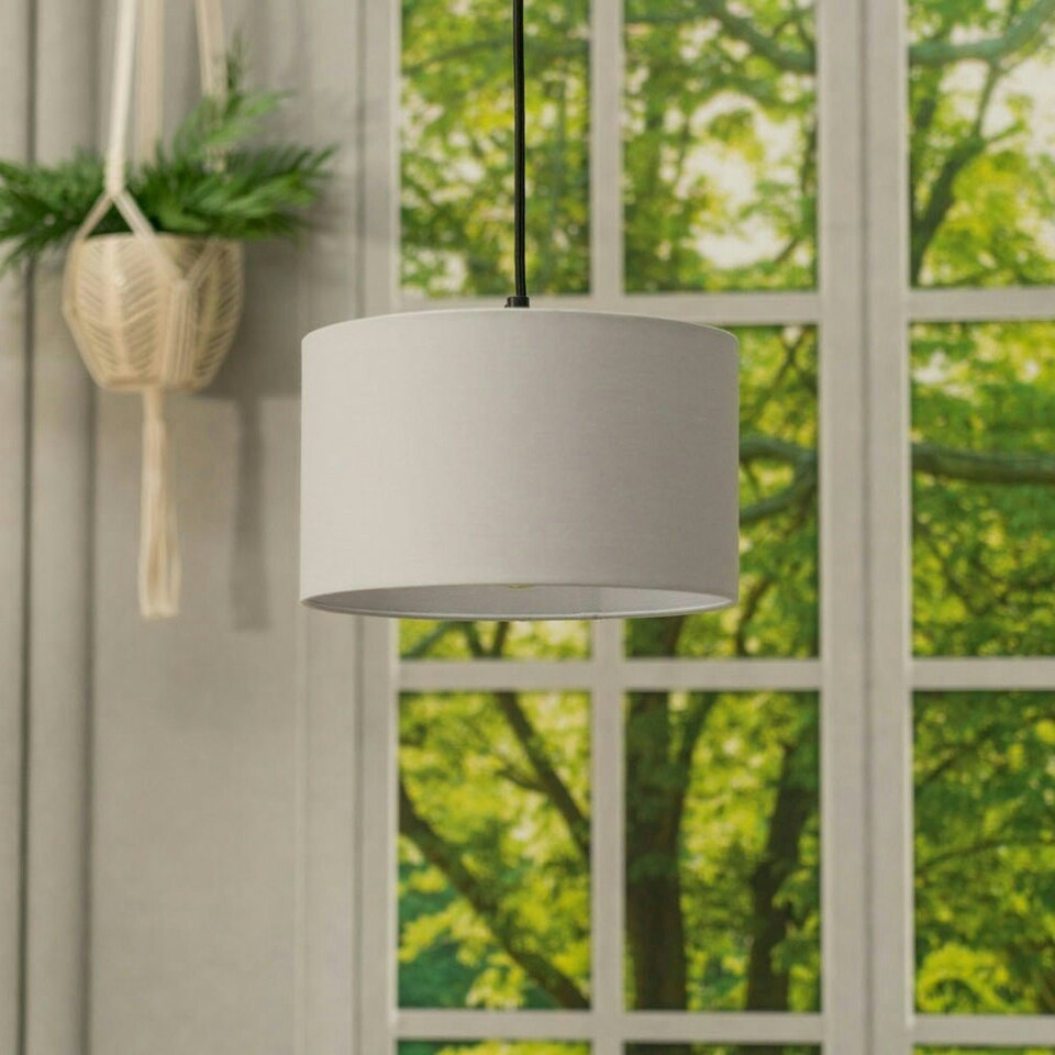 image 1 of ValueLights Pair of - Grey Fabric Cylinder Ceiling Pendant Lampshade/Table Lamp Drum Light Shade - Small