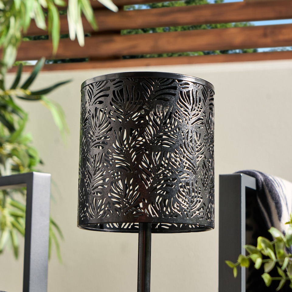 image 1 of OHS Carved Metal Solar Table Lamp Outdoor Garden Light Auto Sensor | Black