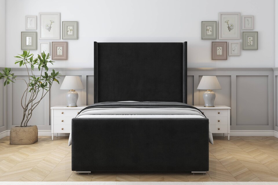 image 1 of Sloomy Devonshire Black Plush Bed Frame With Mattress With 50"  Upholstered Wingback Headboard 2'6 Small Single