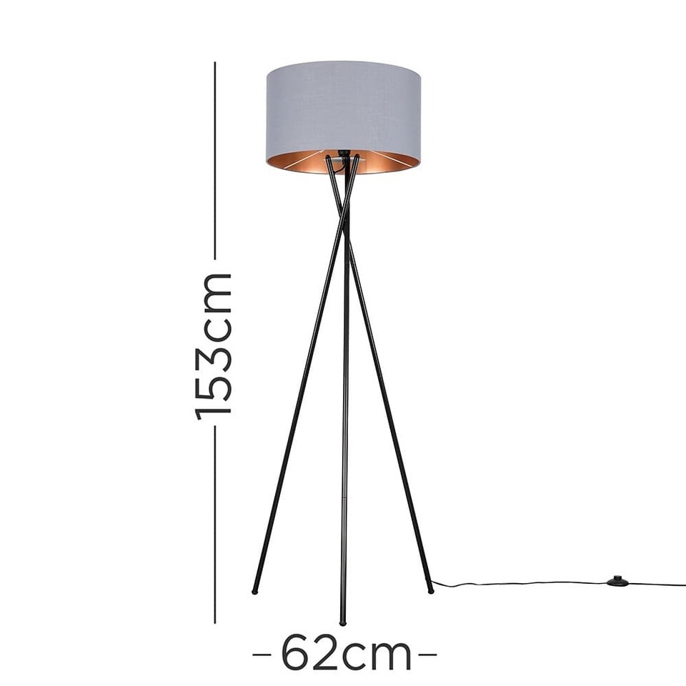 image 1 of ValueLights Camden Black Tripod Floor Lamp Grey & Copper Shade & Bulb | Copper