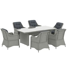 Outsunny 6 Seater Rattan Dining Set with Glass Top Table and Cushions, Grey