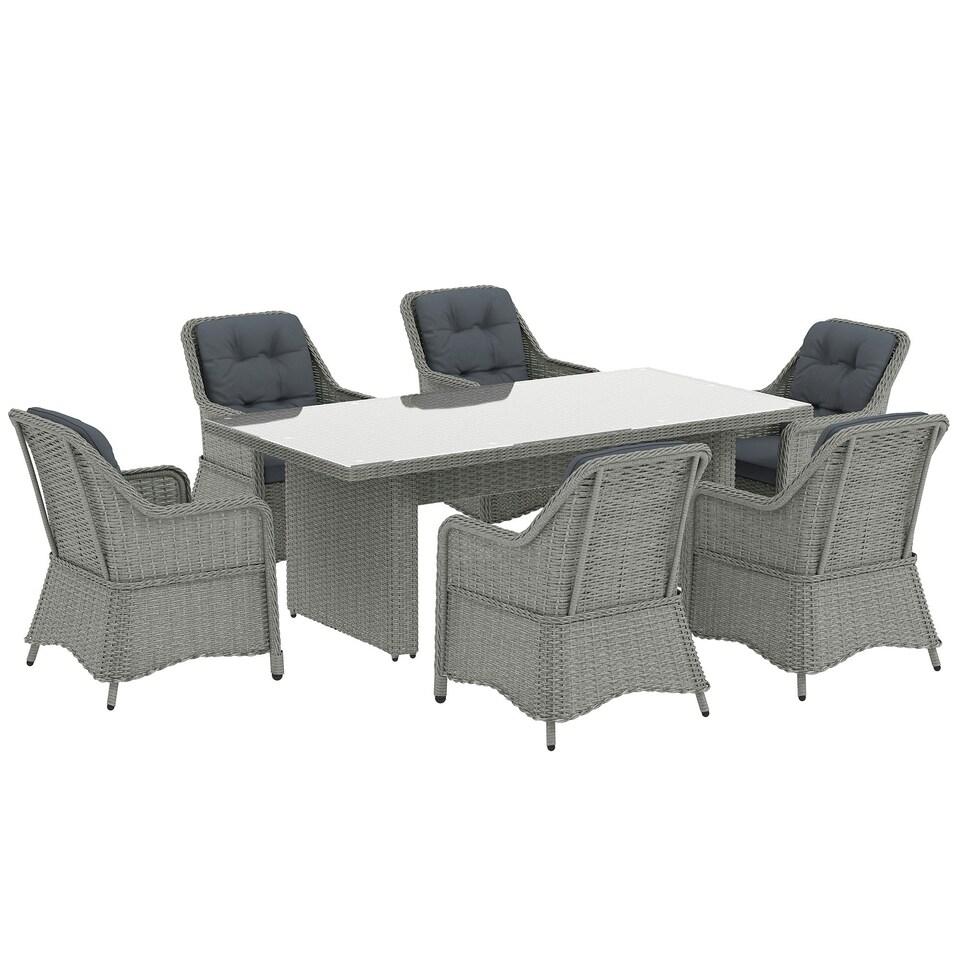 image 1 of Outsunny 6 Seater Rattan Dining Set with Glass Top Table and Cushions, Grey