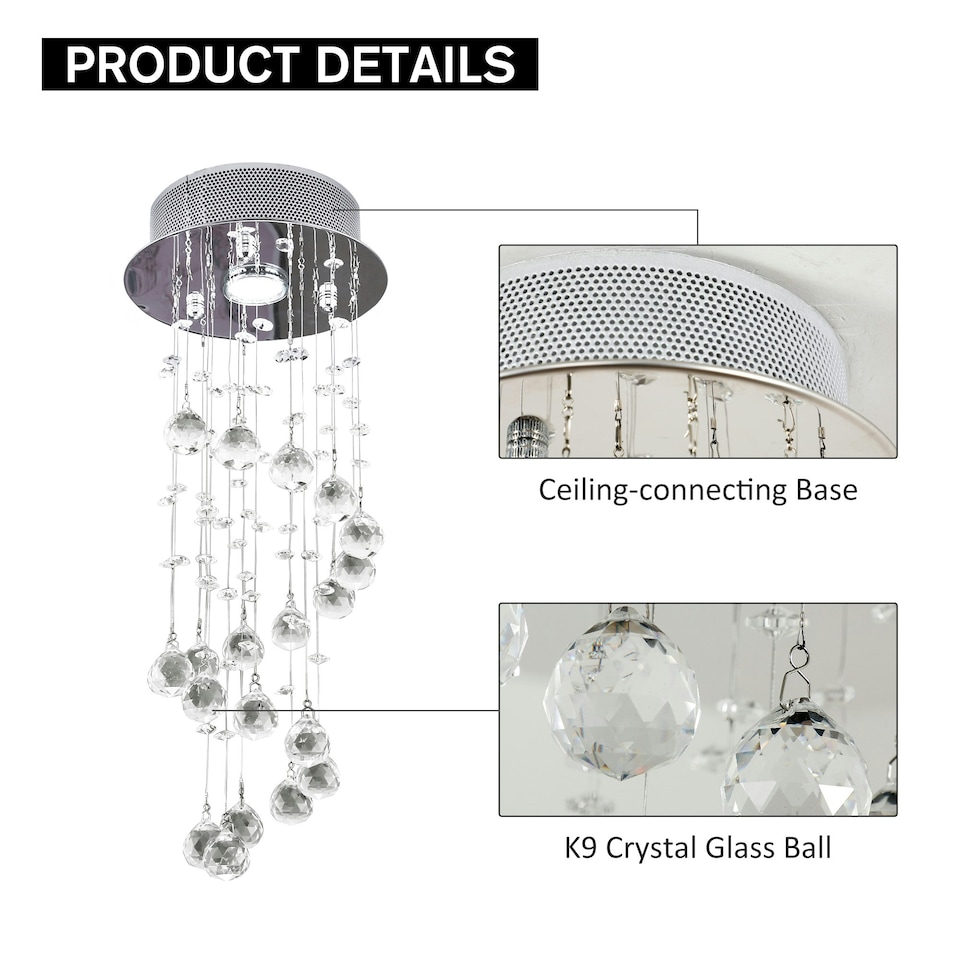 image 1 of HOMCOM Crystal Ceiling Light Chandelier Spiral Rain Drop Pendant Lamp Metal