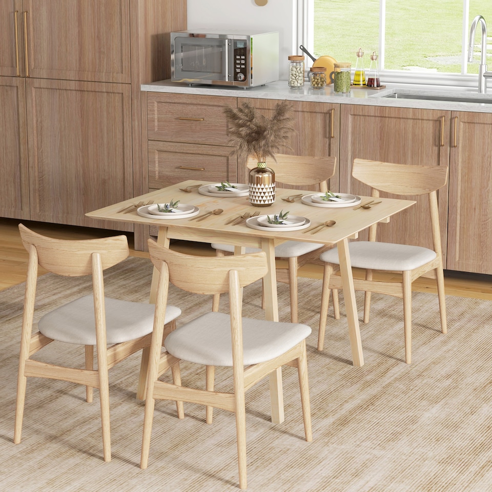 image 1 of HOMCOM Solid Wood Folding Dining Table, Drop Leaf Table for 2-4 People,  Rectangle Kitchen Table for Small Space, Natural Wood Finish