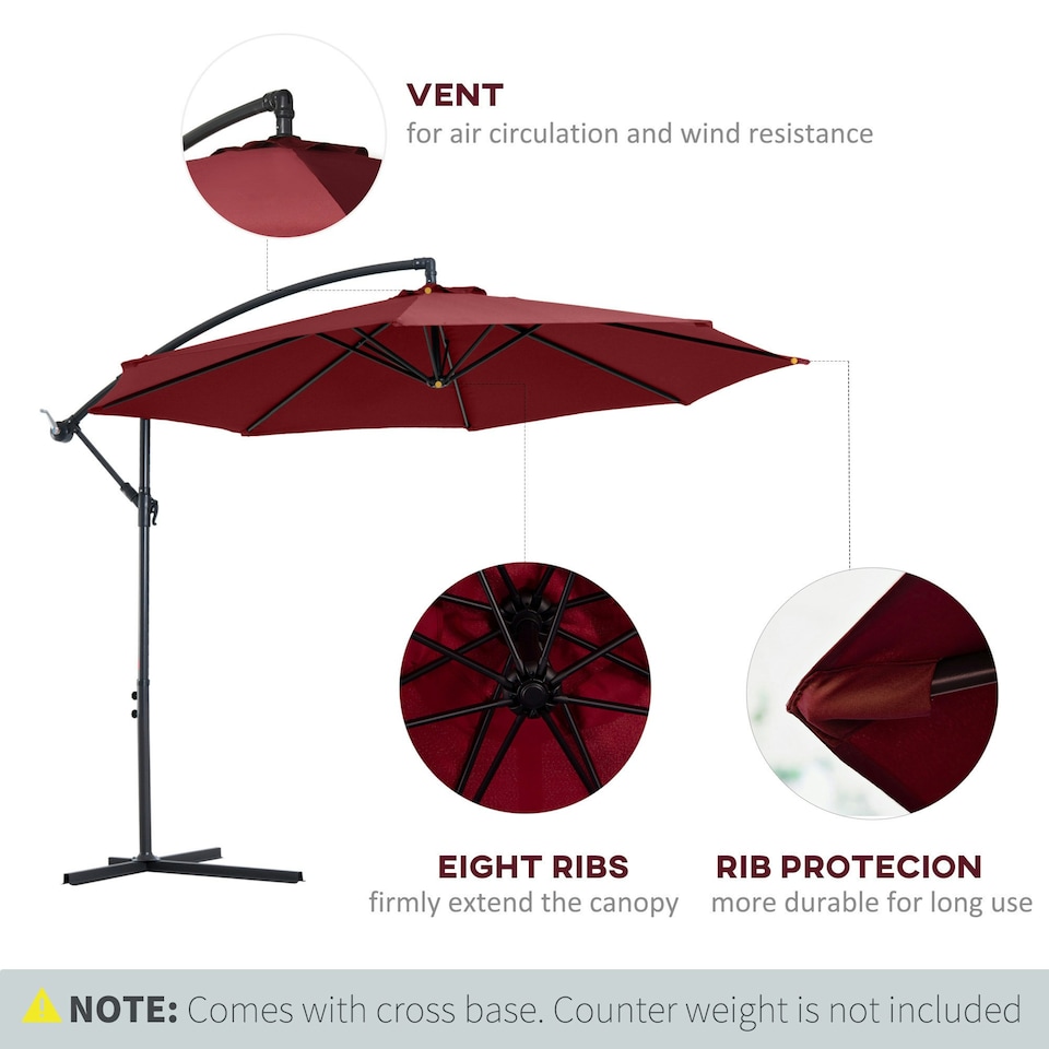 image 1 of Outsunny 3m Garden Banana Parasol Cantilever Umbrella, Wine Red