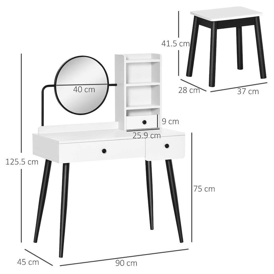 image 1 of HOMCOM Dressing Table Set with 3 Drawers, Storage shelves and Stool, White