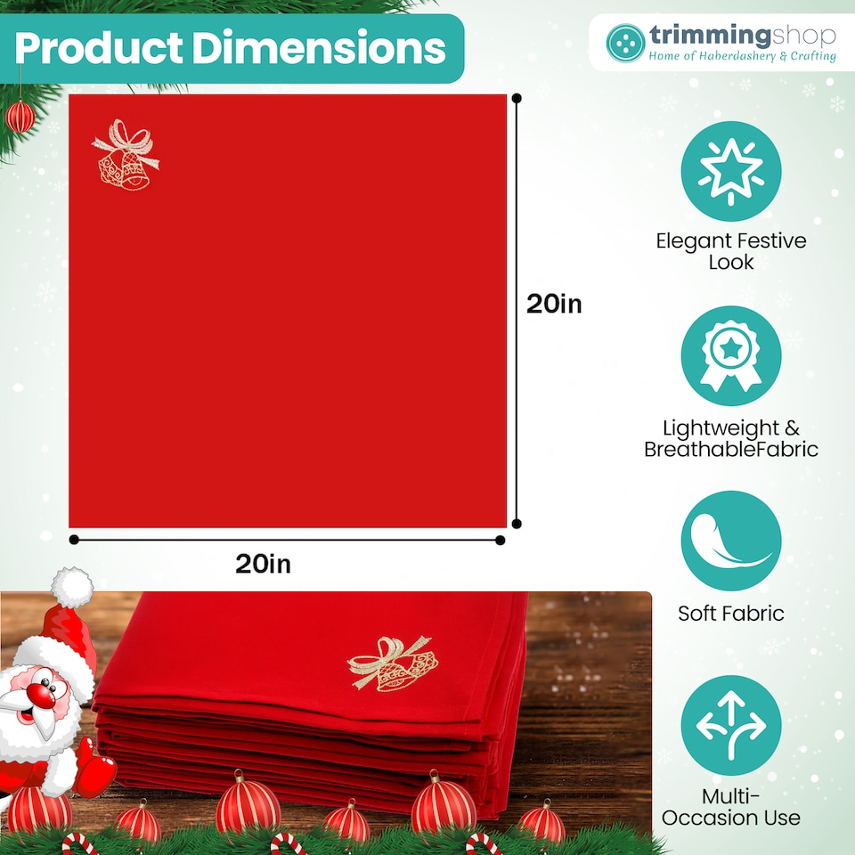 image 1 of 1pc Christmas Table Napkin Set with Festive Jingle Bell Embroidery - 20 Inch