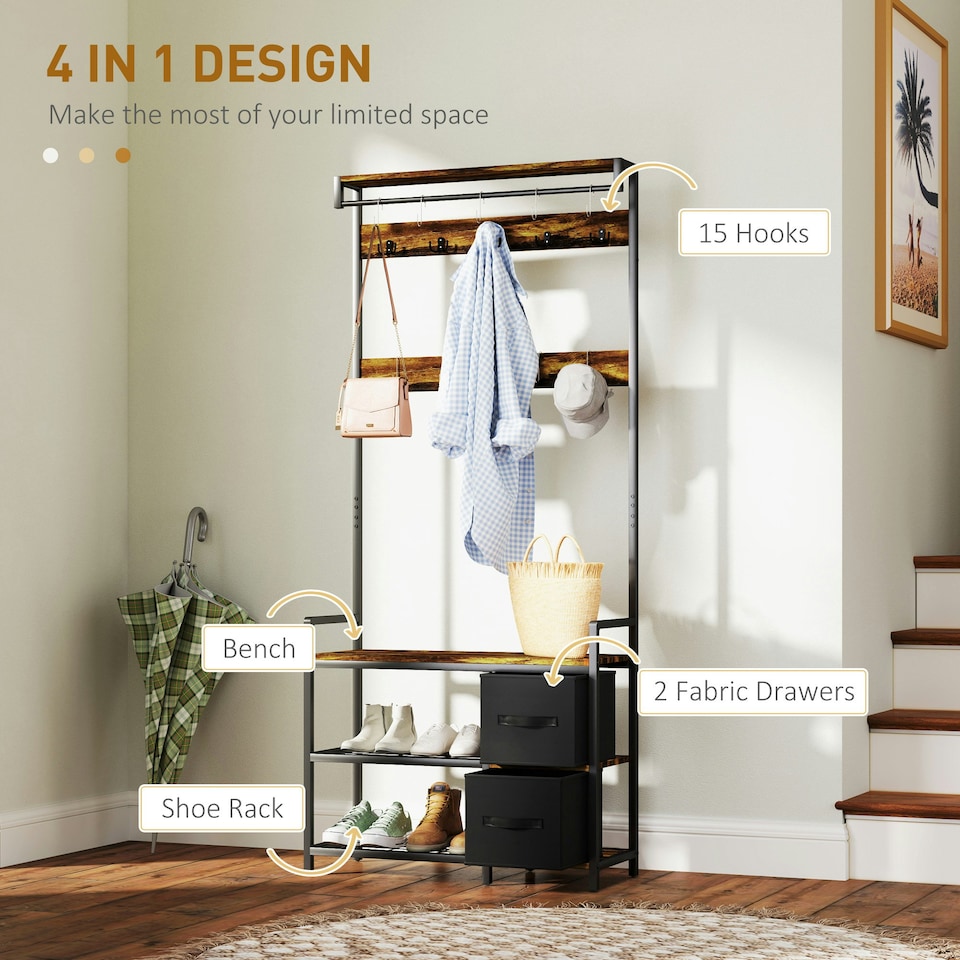 image 1 of HOMCOM Coat Rack with Drawer, Hall Tree with Coat Stand, Rustic Brown