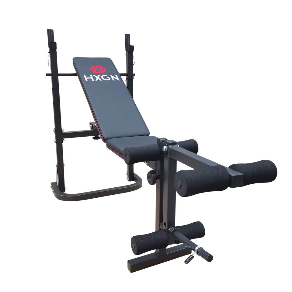 image 1 of HXGN Adjustable Barbell Bench with Leg Developer, Folding 4-Position Incline, 6 Foam Rollers (18 kg) | Black | RED | 18.0KILOGRAMS