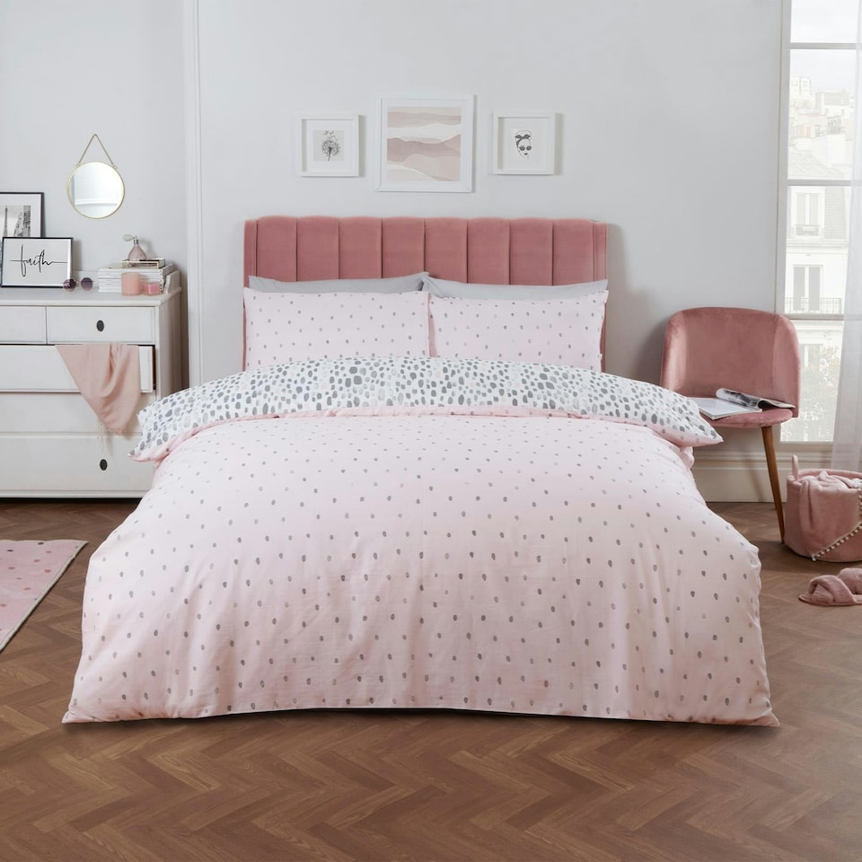 image 1 of OHS Dalmatian Print Duvet Cover and Pillowcase Set, Single - Blush Pink/Grey