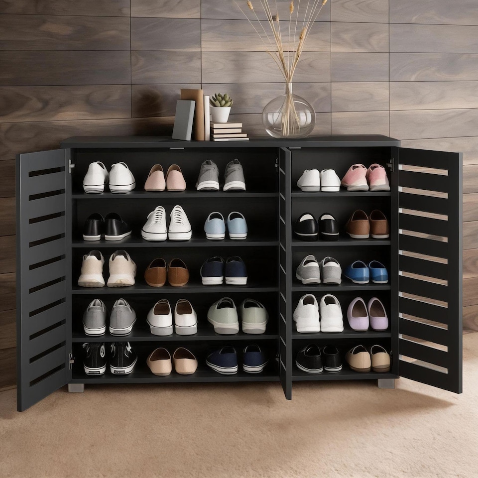 image 1 of Oslo 3 Door Wooden Shoe Storage Cabinet Rack Stand Cupboard Slatted Doors | Black