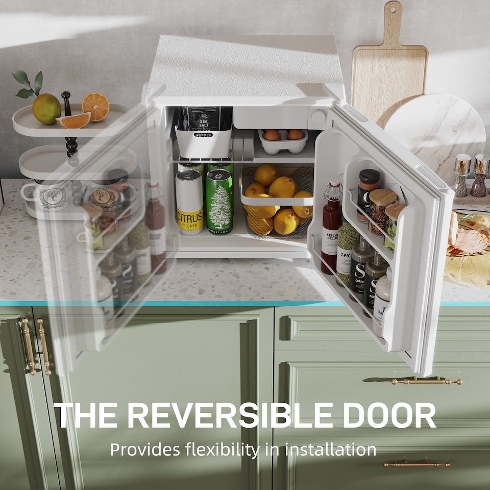 image 1 of HOMCOM 46 Litre Table Top Mini Fridge, Small Fridge with Ice Box, Reversible Door, Adjustable Temperature and Legs for Bedrooms, Home Office, Cream