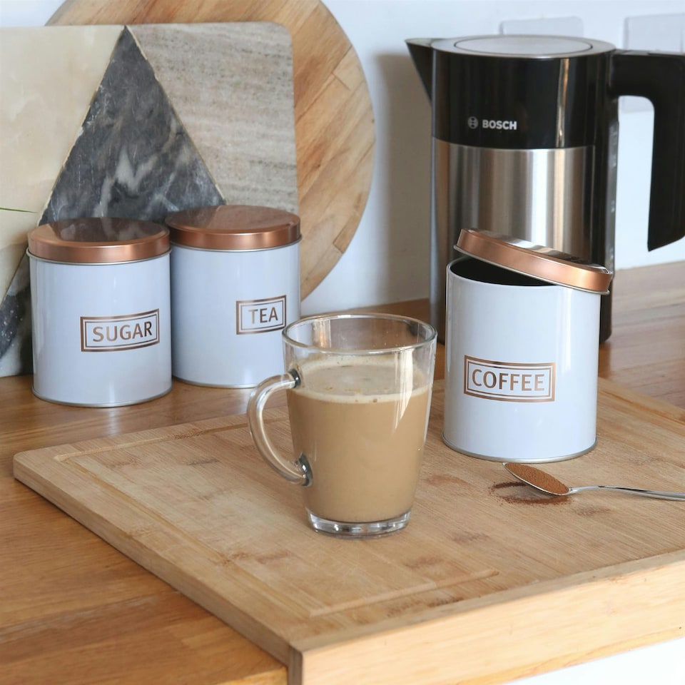image 1 of Harbour Housewares 3pc Round Metal Tea Coffee Sugar Canister Set - White/Copper - Kitchen Caddy Kitchen Storage Containers Canisters