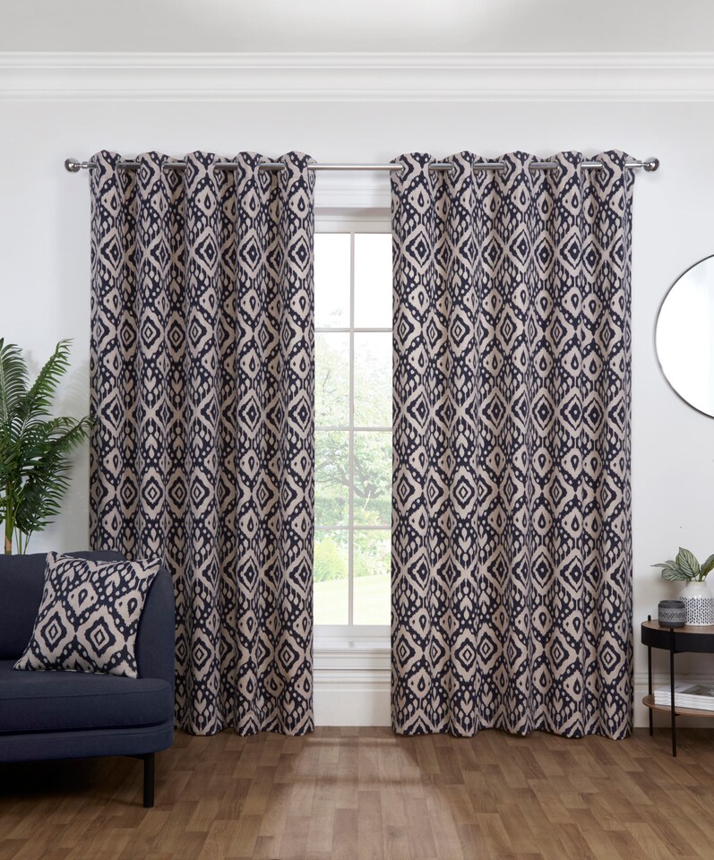 image 1 of Marrakech - Fully Lined Floral Curtains - Eyelet - Polycotton (Navy, 66'' x 90'' - 168cm x 229cm (Pair))
