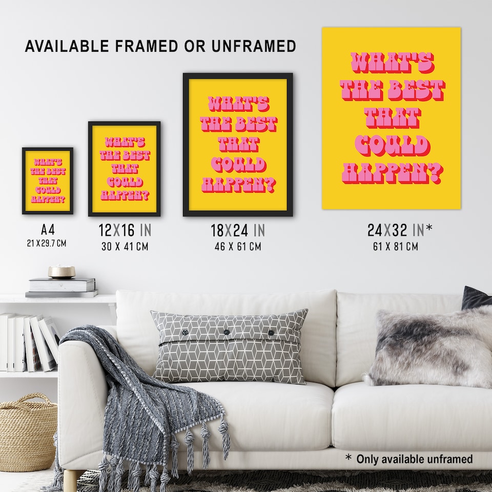 image 1 of What's The Best That Could Happen Yellow Pink Framed Wall Art Print 12X16 In