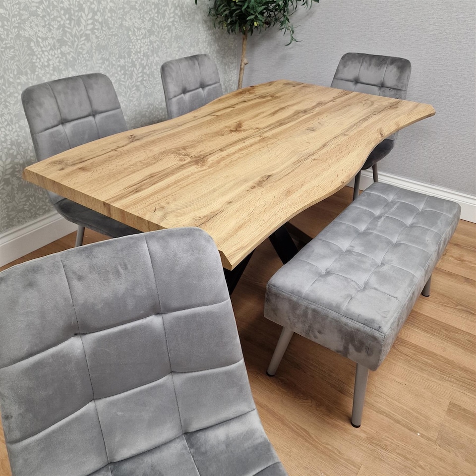 image 1 of Dining Table with 4 Grey Velvet Chairs and Padded Bench, Dining Room Furniture