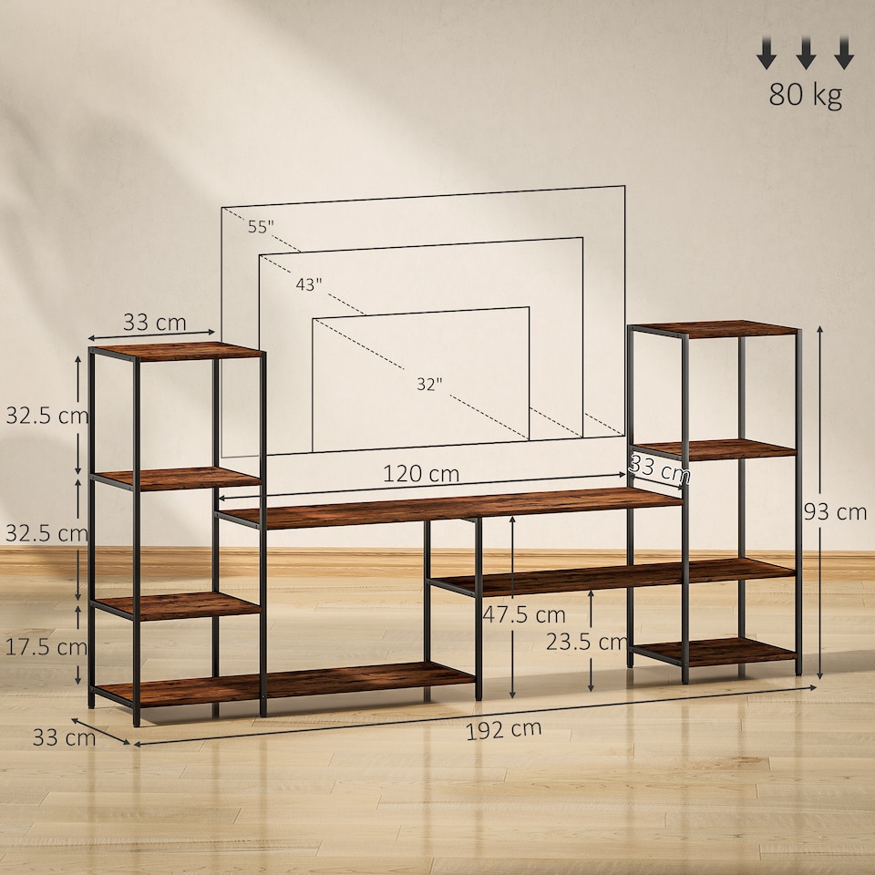 image 1 of HOMCOM TV Unit for TVs up to 55 Inches, Industrial TV Stand with Storage Shelves, Entertainment Centre for Living Room, Bedroom | Brown | 1