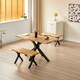 image 2 of Wooden Dining Table and 2 Benches Set with X-Shaped Iron Legs, Curved Edge for Dining Room