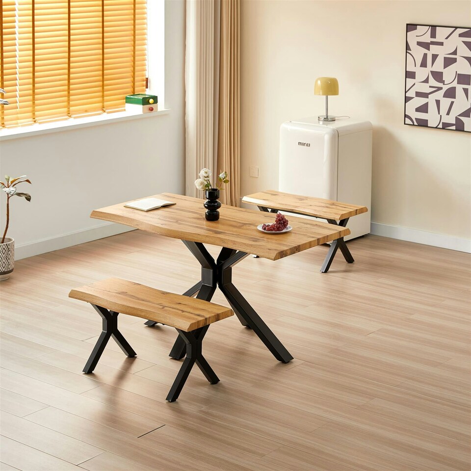image 1 of Wooden Dining Table and 2 Benches Set with X-Shaped Iron Legs, Curved Edge for Dining Room