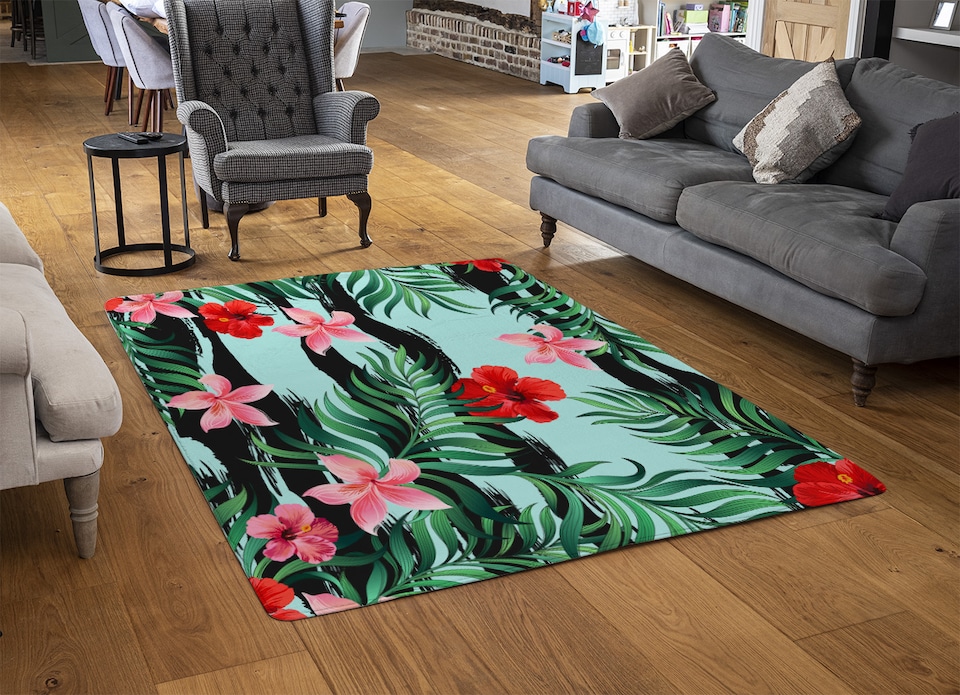 image 1 of Red & Pink Tropical Plants Rug | Multi