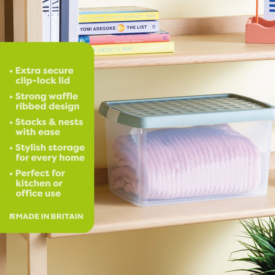 image 1 of Wham Clip 5x 14L Rectangular Plastic Storage Boxes with Clip Lock Lids. Ideal for Home, Office, Toys & More - Clear/Green Milieu | Green | Green Milleu | 5