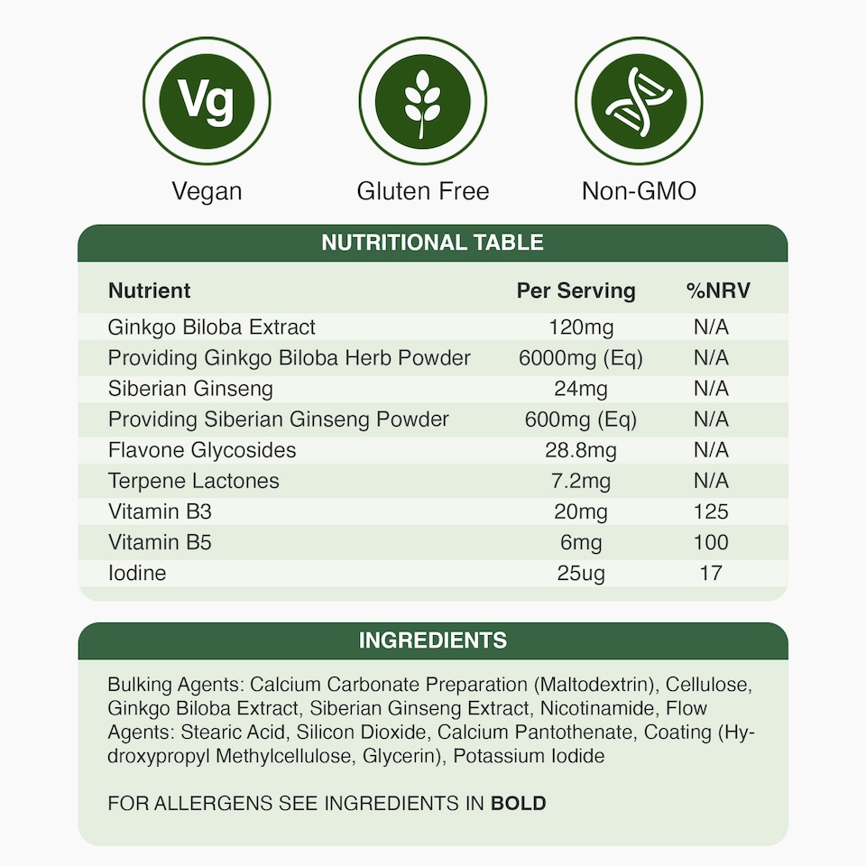 image 1 of Zipvit Ginkgo Biloba 6000mg & Siberian Ginseng 600mg with Vitamin B3 & B5, Energy & Mental Performance, 120 Vegan Tablets, 4-Month Supply